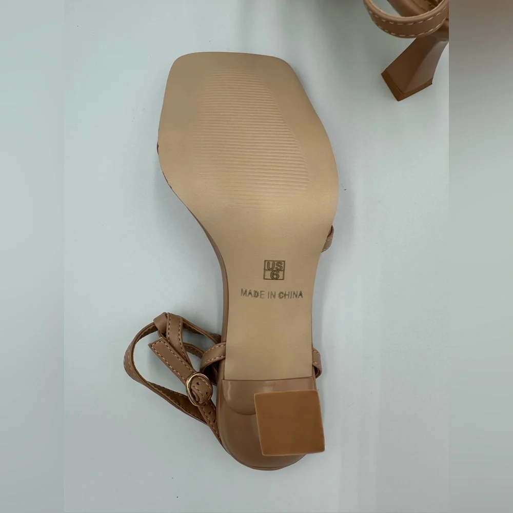 Abbleet Nude Strappy Square Toe Heels – Size 6, Block Heel Sandals, uln
